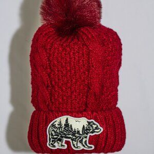 Red stocking cap with "Mountain Bear" patch and fuzzy lining